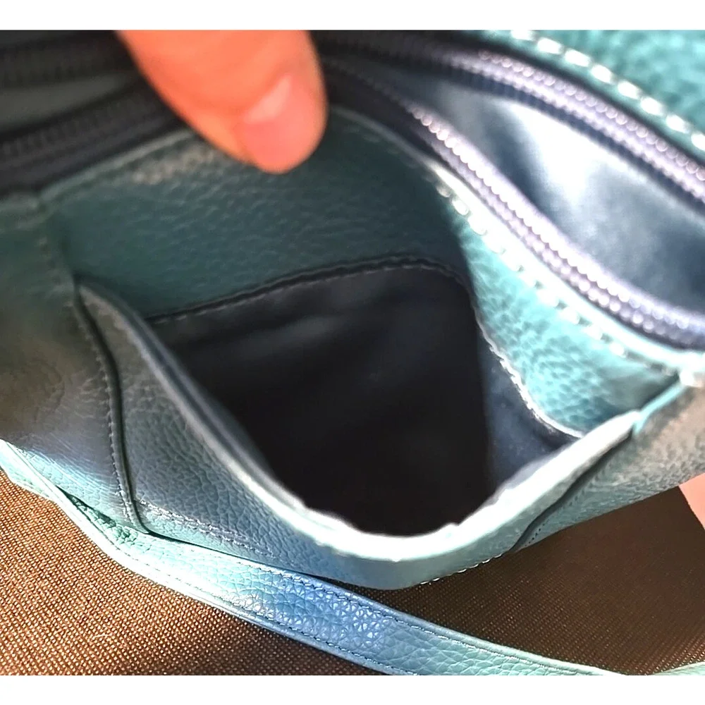 Genuine Cross Body Purse Bag, Multi-Pocket Teal Aqua Blue
